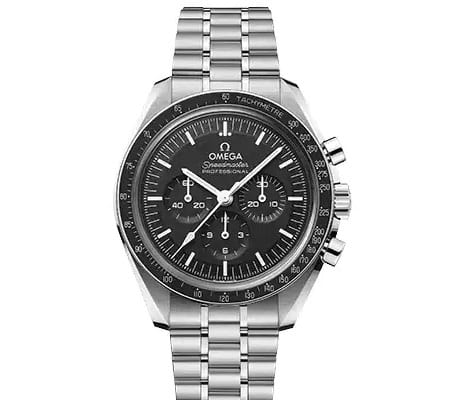 A stainless steel Omega Speedmaster Professional wristwatch with a black dial, three sub-dials, white hour markers, and a tachymeter bezel, displayed on a matching metal bracelet.