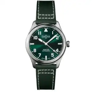 The Davosa Newton Automatic 40mm Green Pilot Watch 16153075 features a green dial with white hour markers, silver hands, and a dark green leather strap with white stitching in a round silver-toned case.