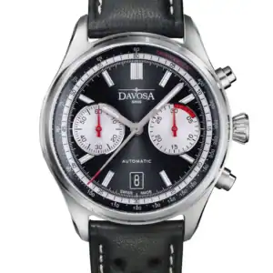 The Davosa Newton Automatic Chronograph Black Pilot Rally 161.536.55 Limited Edition features a black dial, two subdials with red hands, date at 6 o’clock, silver case, tachymeter scale, and a black leather strap with white stitching.