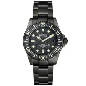 The Davosa Ternos Professional 68h Carbon Limited Edition (Ref: 161.539.50) is a black automatic wristwatch with a black dial, luminous markers and hands, date at 3 o’clock, rotating bezel, and a matching black metal bracelet.