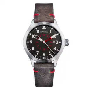The Davosa Neoteric Pilot Ref: 161.565.56 features a black dial with white numerals, red accents, date window at 3 o'clock, worn brown leather strap with red stitching, and a silver case with crown on the right side.