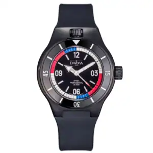 The Davosa Apnea Diver Ref: 161.570.55 features a black round dial with blue, white, and red accents, white numerals and hands, minute markers on the bezel, and a black rubber strap.
