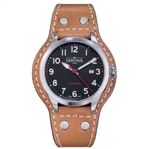 The Davosa Axis Ref: 161.572.56 features a black dial with white numerals, red second hand, date window at 3 o'clock, and a brown leather strap with white stitching and metal rivets.