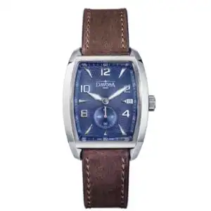The Davosa Evo 1908 Ref: 161.575.44 is a rectangular wristwatch with a textured blue dial, silver numerals and hands, small seconds at 6 o'clock, and a brown leather strap with white stitching.