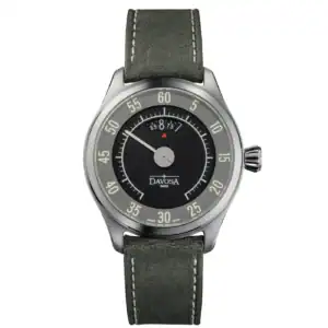 The Davosa Newton Speedometer Ref: 161.587.55 features a black dial, silver bezel, white minute numerals at 5-minute intervals, unique date display at 12 o’clock, and a grey leather strap with white stitching.