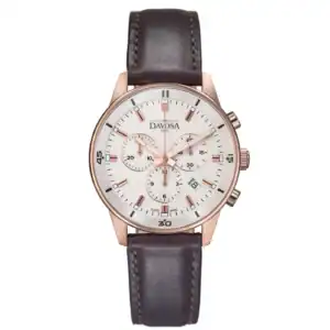 The Davosa Vireo Chronograph Ref: 162.493.95 features a brown leather strap, rose gold case, white dial with chronograph sub-dials, black markers, and a date window at 4 o’clock.