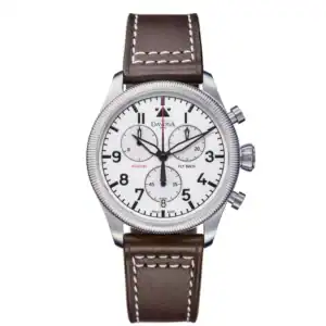 The Davosa Aviator Fly Back Chronograph Ref: 162.499.15 features a silver case, white dial with black numerals, three subdials, AVIATOR and FLY BACK text in red and black, plus a brown leather strap with white stitching.