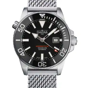 The Davosa Argonautic BG Automatic 300m Black Men's Diver Watch 16152822 features a black dial, silver hour markers, date window at 3 o'clock, rotating bezel, and stainless steel mesh strap.