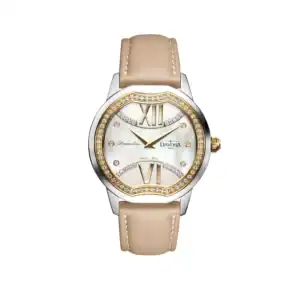 The Davosa Dreamline II Ladies Ref: 167.560.25 features a beige leather strap, silver and gold case, jewelled bezel, white dial, and prominent gold Roman numerals at 12 and 6.