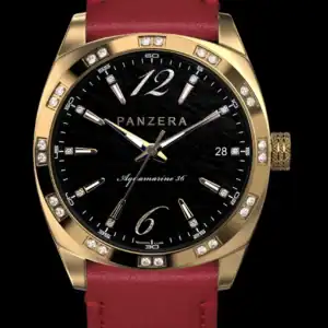 The Panzera AQUAMARINE 36 A36-01LBM2 Ladies' Watch features a gold case, black dial with diamond hour markers, red leather strap, date window, and gold accents. It is showcased against a sleek black background.