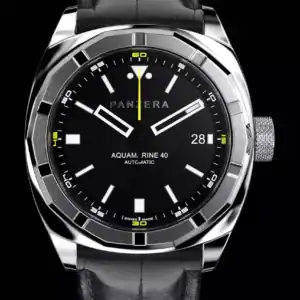 The Panzera AQUAMARINE 40 A40-01BM2 features a black leather strap, black dial, silver casing, date at 3 o’clock, and white/yellow accents. The watch face displays "PANTERA AQUAMARINE 40 AUTOMATIC.