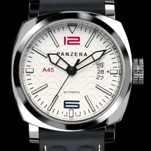 A close-up of the Panzera AQUAMARINE 45 A45-02GL3 wristwatch featuring a white dial, black bezel and strap, red 12, blue 6, black hour markers, date on the right-hand side, and "A45" marked in red on the left.
