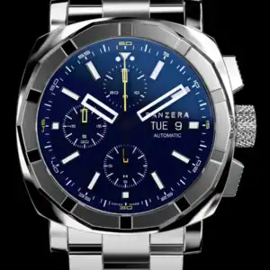 A close-up of the Panzera AQUAMARINE 45C A45C-01WM2, featuring a silver stainless steel strap, blue dial with three sub-dials, date and day display, and luminous hands, set against a black background.