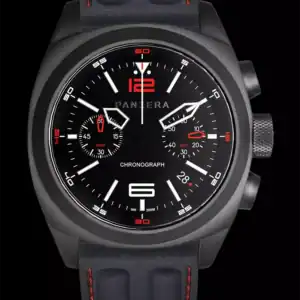 The Panzera AQUAMARINE 45Q A45Q-02R11 is a black sports chronograph with a black dial, white and red markings, three sub-dials, date window, two side pushers, and a black rubber strap featuring red stitching.