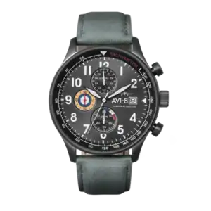 The AVI-8 HAWKER HURRICANE Classic Chronograph MILITARY GREEN AV-4011-0D features a black case, grey leather strap, white numerals, three subdials with a colourful target design, date window, tachymeter scale, and white hands and indices.