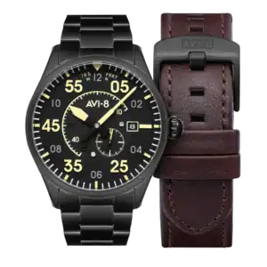 An AVI-8 SPITFIRE Type 300 Automatic MIDNIGHT CHROME AV-4073-33 wristwatch with a black metal strap, bold yellow numerals and hands, multiple sub-dials, a date window, and an extra brown leather strap beside it.