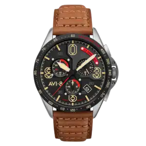 The AVI-8 P-51 MUSTANG Blakeslee Chronograph BRONZE OAK AV-4077-02 features a black dial with gold and red accents, three sub-dials, aviation-inspired markers, a tachymeter bezel, and a brown stitched leather strap.