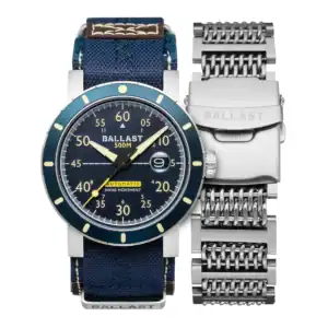The Ballast The Perisher BL-3146-02 BLUE CLASSIC features a blue dial, yellow markers, and a blue fabric strap, displayed alongside a stainless steel bracelet.