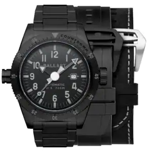 The Ballast Amphion Class BL-3148-05 ALL BLACK is a wristwatch with a metal strap, an extra black leather strap with white stitching, a large round face, bold numerals, and a date window at 3 o'clock.