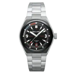 The Ballast Valiant Rickover BL-3151-55 PETROL BLACK is a stainless steel watch featuring a black dial with white and red markings, large 3/6/9 numerals, a date window at 6 o’clock, and a silver metal bracelet.