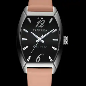 The Panzera CLASSIVA 27 C27-03BL3 Ladies’ Watch features a silver case, black dial, silver hour markers, and a tan leather strap, displayed against a black background with the time set to 10:10.