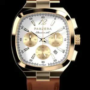 The Panzera CLASSIVO 43C C43C-01BM2A features a gold and white chronograph design with a brown leather strap, three sub-dials, gold accents, and a white face, showcased on a black background.