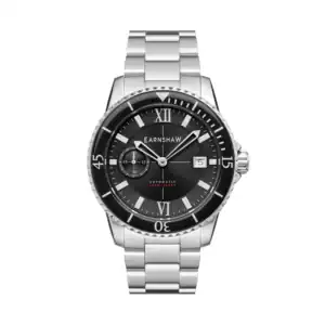 The Thomas Earnshaw HAWKE SUBDIAL SECOND Coal Black ES-8133-11 is a stainless steel wristwatch with a black dial, silver Roman numerals, date window, sub-dial, and metal link bracelet, shown front-facing on a white background.