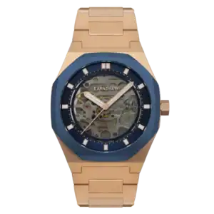 The Thomas Earnshaw DRAKE SKELETON AUTOMATIC Royal Blue ES-8142-88 features a gold case, blue bezel, exposed mechanical movement, luminous hands and markers, the EARNSHAW logo on the dial, and a gold metal bracelet.