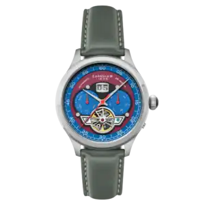 The Thomas Earnshaw Baron GRAND DATE CALENDAR OPEN HEART AUTOMATIC English Blue (ES-8187-08) features a grey leather strap, silver case, colourful blue/red-accented open-heart dial with visible gears, large date at 12 o’clock, and Earnshaw branding.