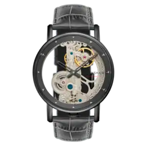 The Thomas Earnshaw FOWLER BRIDGE AUTOMATIC Grey ES-8225-07 is a luxury wristwatch with a black leather strap and skeleton dial, revealing intricate gears and mechanics within its sleek black round case.