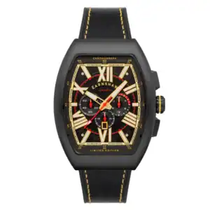 The Thomas Earnshaw SUPREMACY CHRONOGRAPH Oilfield Gold ES-8270-04 features a black rectangular case, gold Roman numeral markers, three sub-dials, red accents, yellow-stitched leather strap, and a dial marked Limited Edition.