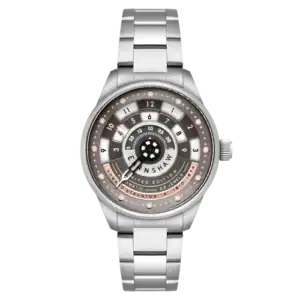 A Stalemate Grey Thomas Earnshaw STAUNTON CHESS SET AUTOMATIC (ES-8282-99) wristwatch with a silver metal strap, round face with concentric circles, 1–12 and 1–31 numbers, central rotating disc, and Limited Edition marked dial.