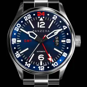 The Panzera FLIEGER 45G F45G-01BM2 is a silver wristwatch with a blue dial, white and red numbers, date display, metal link strap, GMT and automatic functions, 24-hour markings, and water resistance to 100 metres.