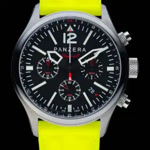 The Panzera FLIEGER 46C F46C-01L1 features a black dial with white markers, three sub-dials, a date display, and a neon yellow strap, displayed against a black background.