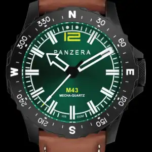The Panzera MECHA 43 M43-01BM2 features a brown leather strap, black metal bezel with compass markings, green dial labelled PANZERA M43 MECHA-QUARTZ, white hands and markers, and a yellow "12" at the top.