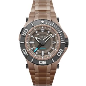 The NUBEO MANTA MID AUTOMATIC LIMITED EDITION Golden Bark NB-6059-11 features a bronze-tone case, metallic strap, black bezel, bold white numerals, luminescent hands, date window, and 300m water resistance.
