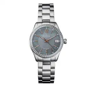 The Davosa Newton Lady Ref: 166.193.55 features a stainless steel bracelet, blue textured dial, rose gold markers and hands, diamond-set bezel, date window at 3 o’clock, and displays "Davosa" and "Automatic" on the face.