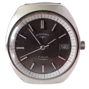 The Rotary Mechanical Watch 1970 AS1950/51 features a silver case, black dial with silver hour markers and three hands, a date window at 3 o'clock displaying "29," and "17 Jewels Incabloc" printed on the dial.