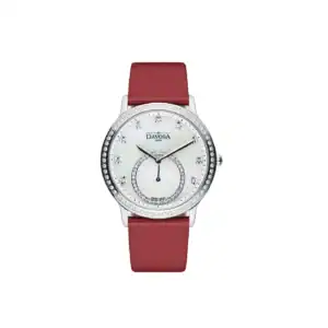 The Davosa Audrey Ladies Ref: 167.557.65 features a red leather strap, silver crystal-set bezel, white mother-of-pearl dial with crystal hour markers, and a sub-dial.