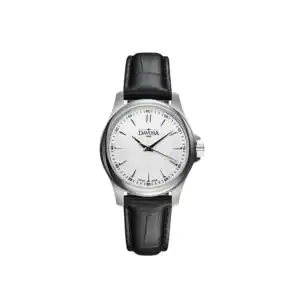 The Davosa Classic Ref: 167.587.55 is a silver wristwatch with a white dial, black hour markers and hands, a date display at 3 o’clock, and a black leather strap.
