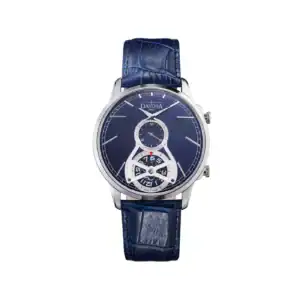 The Davosa Cuore² Ref: 162.497.44 features a blue leather strap, round silver case, blue dial with minimalist markers, a sub-dial at 12 o’clock, and an exposed mechanical element at the bottom.