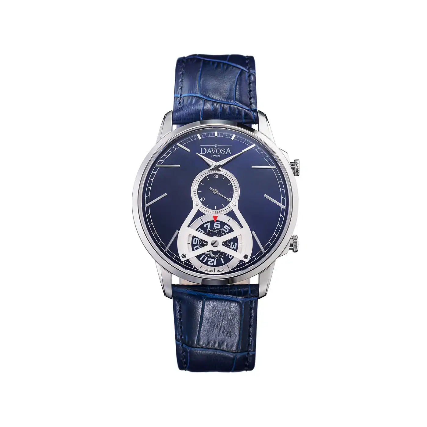 The Davosa Cuore² Ref: 162.497.44 features a blue leather strap, round silver case, blue dial with minimalist markers, a sub-dial at 12 o’clock, and an exposed mechanical element at the bottom.