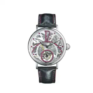The Davosa Grande Diva Ref: 165.500.60 is a luxury skeleton watch featuring a black leather strap, silver case, transparent dial showcasing intricate gears, and pink gemstone accents on the dial and stitching.