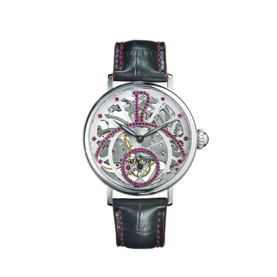 The Davosa Grande Diva Ref: 165.500.60 is a luxury skeleton watch featuring a black leather strap, silver case, transparent dial showcasing intricate gears, and pink gemstone accents on the dial and stitching.