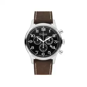 The Davosa Heritage Chronograph Ref: 162.479.56 features a black dial with white numerals, three sub-dials, a date window, and a brown leather strap with white stitching, set in a stainless steel case with two push-buttons.