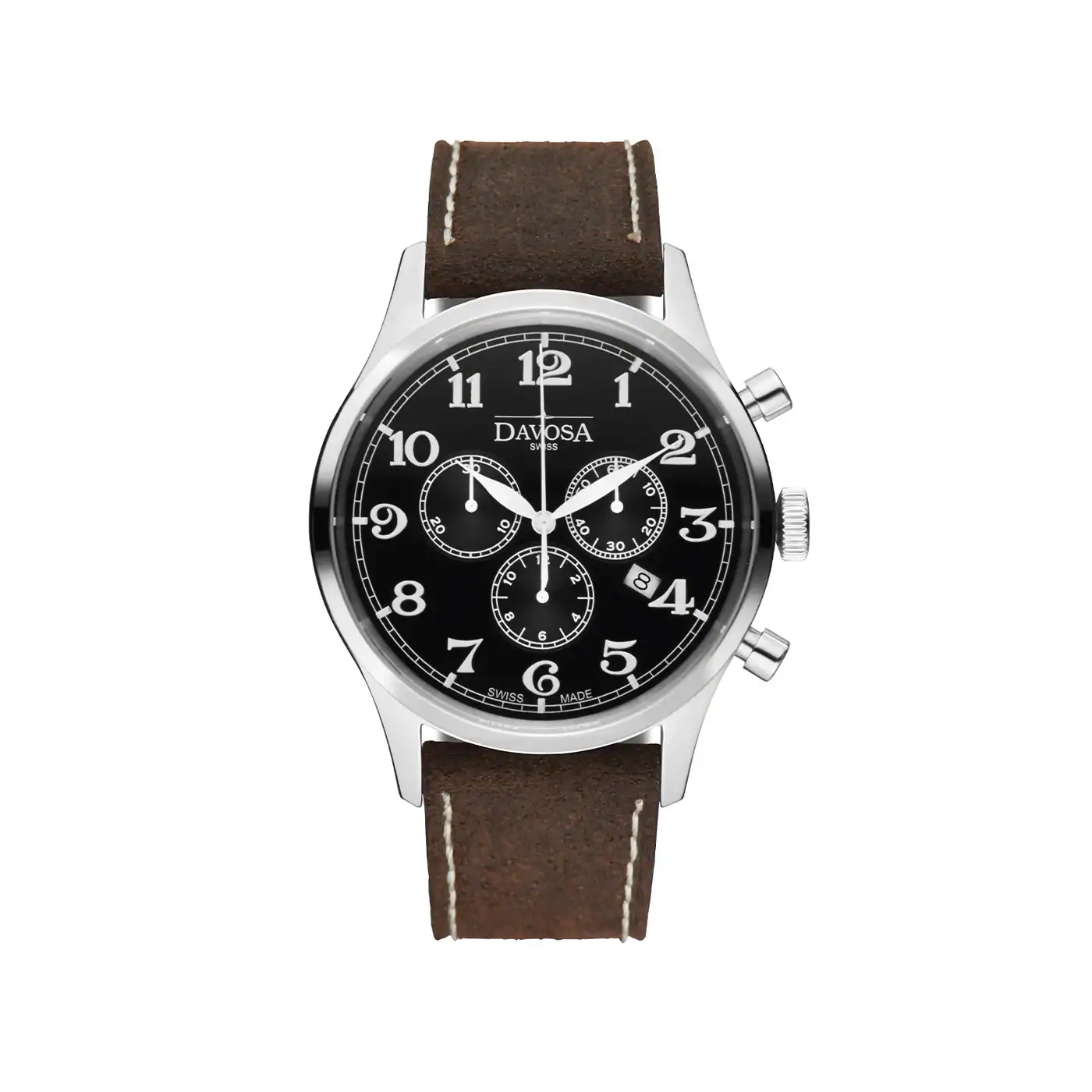 The Davosa Heritage Chronograph Ref: 162.479.56 features a black dial with white numerals, three sub-dials, a date window, and a brown leather strap with white stitching, set in a stainless steel case with two push-buttons.