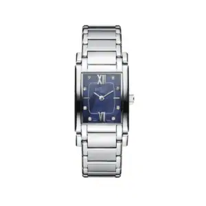 The Davosa Memory Ladies Ref: 168.572.55 is a silver rectangular wristwatch with a blue dial, silver hour and minute hands, Roman numerals at 12 and 6, diamond-like hour markers, and a silver metal link bracelet.
