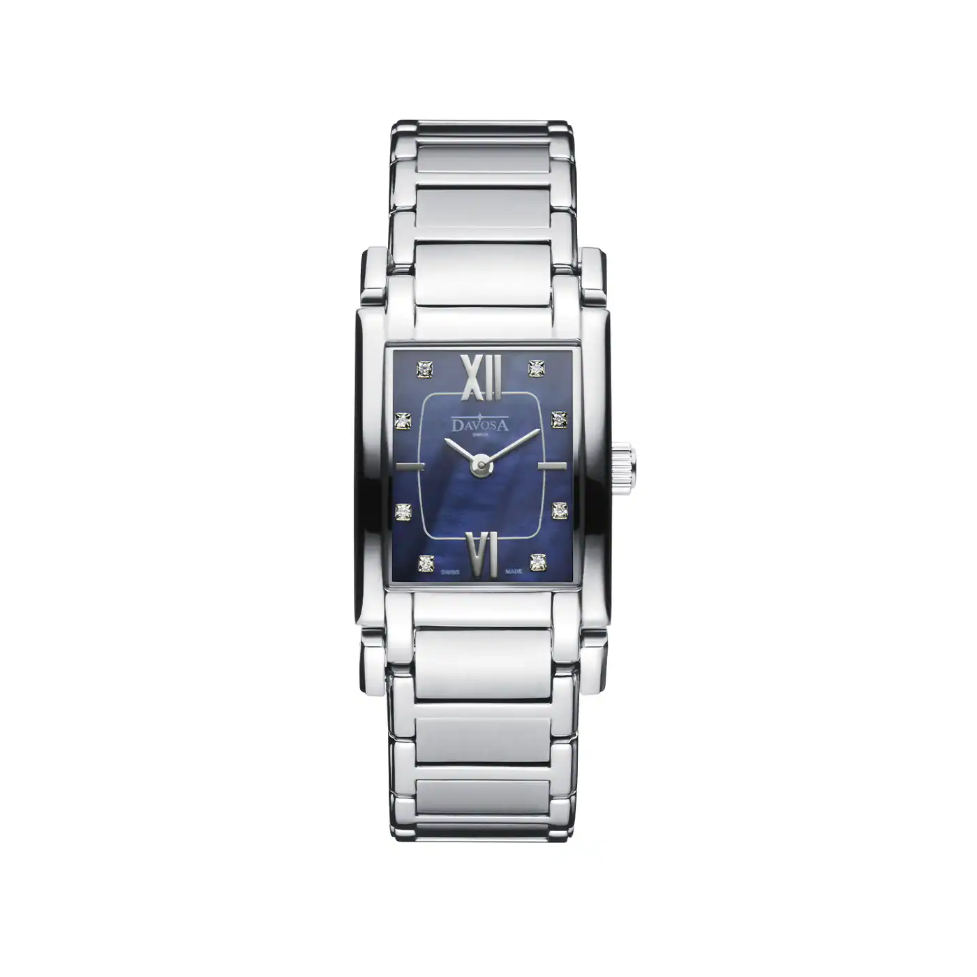 The Davosa Memory Ladies Ref: 168.572.55 is a silver rectangular wristwatch with a blue dial, silver hour and minute hands, Roman numerals at 12 and 6, diamond-like hour markers, and a silver metal link bracelet.
