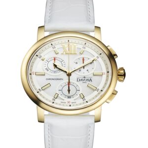 The Davosa Oval Edition Ladies Ref: 167.570.15I features a gold-tone case, white dial with three subdials, gold indices, white textured leather strap, and two pushers plus a crown on the right side.