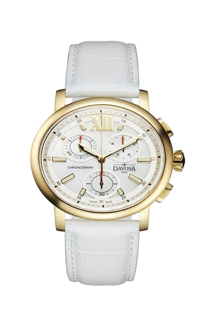 The Davosa Oval Edition Ladies Ref: 167.570.15I features a gold-tone case, white dial with three subdials, gold indices, white textured leather strap, and two pushers plus a crown on the right side.